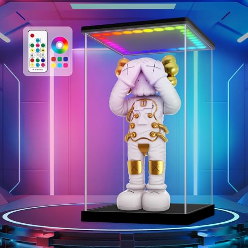 LASOA Acrylic Display Case with RGBW Color Changing LED Light, Clear Display Box for Action Figures and Collectibles, Self-Assembly Dustproof Showcase with Black Base, 7.9x5.9x13.8inch