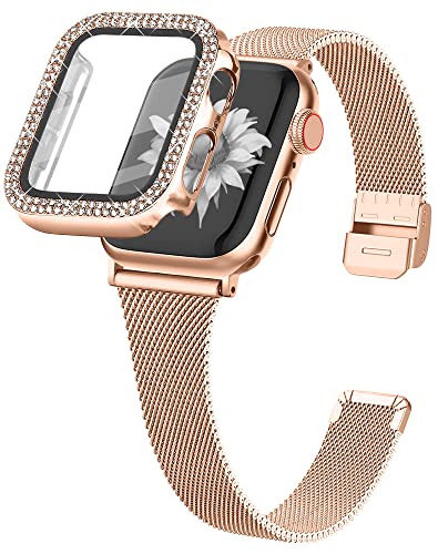 Joyozy Slim Stainless Steel Band Compatible with Apple Watch 38mm 40mm 41mm 42mm 44mm 45mm 46mm Milanese Strap with Bling Glitter Case and Screen Protector, Dressy Bracelet Band for Women (Rose gold 44mm)