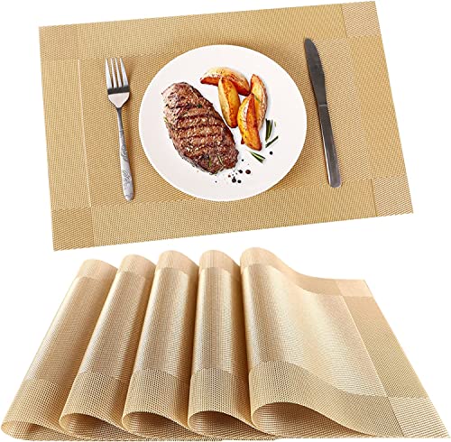 Image of Placemats Set of 6 - Place Mats for Kitchen Dining Table - Washable PVC Table Mats - Dinner Mats - Table Woven Mat (6-Piece, Gold)