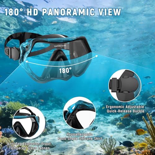 Equipo de snorkel para adultos, máscara de buceo con vidrio templado, snorkel con tapa seca, falda de silicona ajustable, tamaño mediano grande, antiempañante y a prueba de fugas, con bolsa de malla miniatura 3