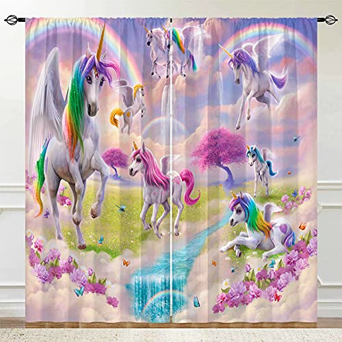 Anhope Girls Unicorn Curtains Colorful Fantasy Art Theme Window Drapes With Rainbow Waterfall Butterfly Flower Print Pattern Rod Pocket Curtains For Kids Bedroom Living Room, 2 Panels, 42 X 63 Inch #TOP2