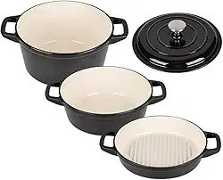 Panelas de Ferro Fundido com Tampa – Conjunto 3 Peças para Cozinha Profissional e Doméstica (Preto)