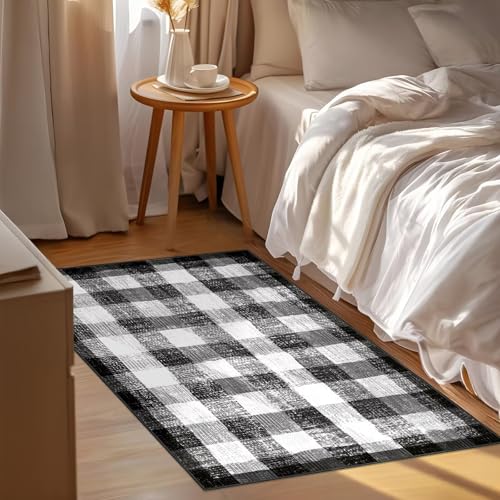 Image of Checkered Area Rug, 2x3, Black and White | Washable, Non Slip, Modern Neutral, For Living Room Bedroom Office Patio Dining Room