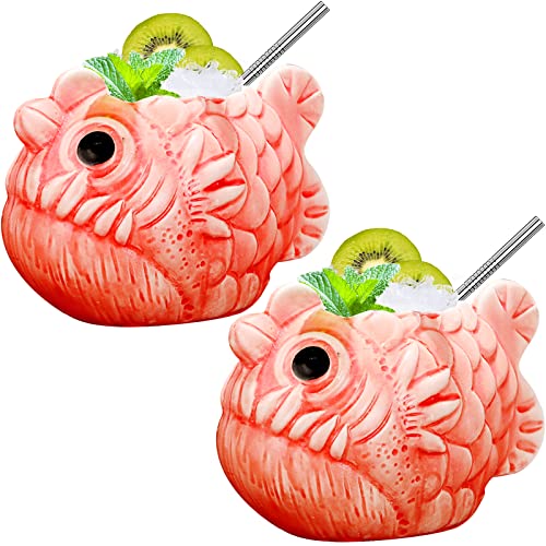 Tiki Tazas Tiki Tazas de cerámica hawaiana cóctel tazas diseño creativo 27 oz/700 ml vasos Tiki - Juego de 2 Cover