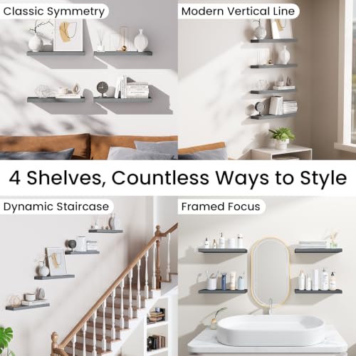 Image of BAYKA Floating Shelves, Gray Wall Mount Wood Shelf 15.7in Set of 4 | Hidden Bracket Design, Max 22lbs Load, Multi-Wall Compatible, Easy Install, Ideal for Bathroom Bedroom Display Storage Decor