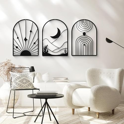Image of SHILP HANDICRAFT 4 Pack Boho Abstract Wood Wall Art | Minimalist Decor Bohemian Line Art | Geometric Line Sun Moon Arch Leaf, 3D Textured Sculptures, for Living Room Bedroom 12 inch