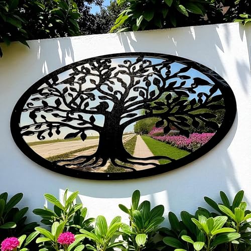 Super Cool Creations Tree of Life Mirror Wall Art, Oval Garden Decor, Black Decorative Outdoor Panel, 38cm x 58cm