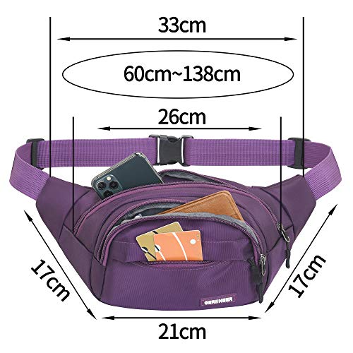 Bumbags voor dames en heren heuptas Fanny Pack met verstelbare elastische band 5 zakken met ritssluiting waterdichte loopbuidel voor honden wandelen, hardlopen, wandelen reizen en buitenactiviteiten, Paars, 26 x 21x 17 cm, - Image 3