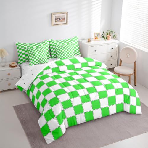Image of Erosebridal Checkered Full Bedding Set Lime Green Grid Plaid Comforter Set with Sheets 7 Piece Geometric Gingham Bed in A Bag for Kids Boys Teen Men Bedroom-Soft Lightweight for All Season