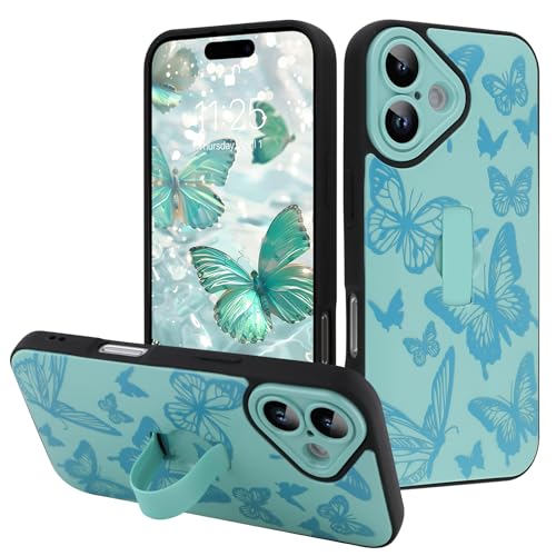 Image of for iPhone 16 Case with Finger Strap Holder, Cute Cool Butterfly Print Pattern Design for Women Men, Shockproof Anti Scratch Hand Kickstand Protective Cover, Green