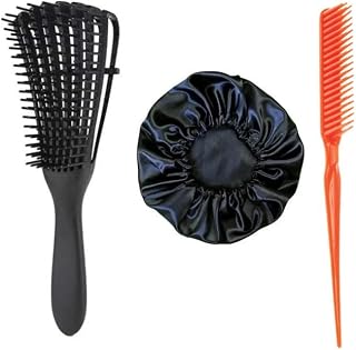 Kit Escova Cabelo Polvo Para Cabelos Crespos Cacheados Anti Quebra e Desembaraçadora + Pente Escova 3 Fileiras Fitagem Finalização + Touca de Cetin RJI Utilidades (Preto + Pente 3 Fileiras + Touca de Cetin)