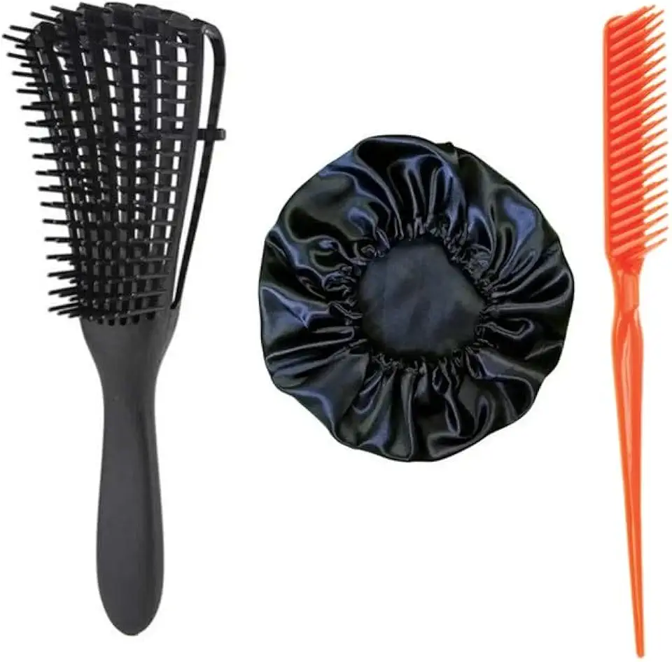 Kit Escova Cabelo Polvo Para Cabelos Crespos Cacheados Anti Quebra e Desembaraçadora + Pente Escova 3 Fileiras Fitagem Finalização + Touca de Cetin RJI Utilidades (Cores sortidas)