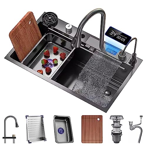 Évier de cuisine avec robinet cascade rabattable et accessoires pour optimiser votre espace