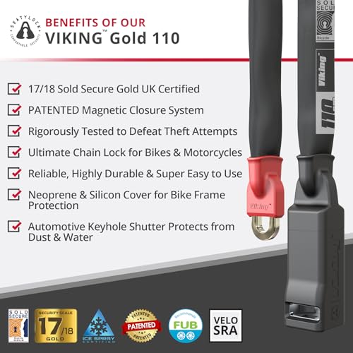Image of Seatylock Viking Bike Chain Lock with Key - Magnetic Patented Sold Secure Rated - Heavy Duty Anti Theft - Smart Ultra Security Bicycle Lock (43.31 Inch, Gold Rated)