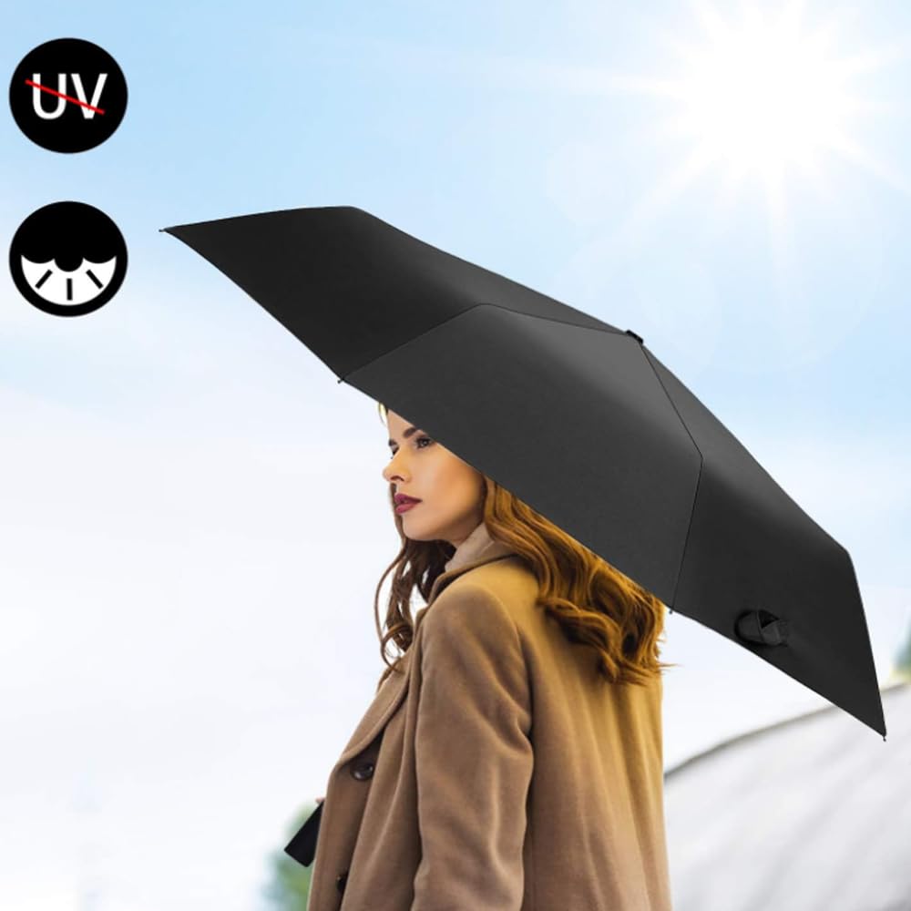 Kompaktowy parasol, parasol kieszonkowy z 6 żebrami, ochrona przed słońcem, ochrona przed promieniowaniem UV, składany parasol na słońce i deszcz (czarny), czarny, 90*55