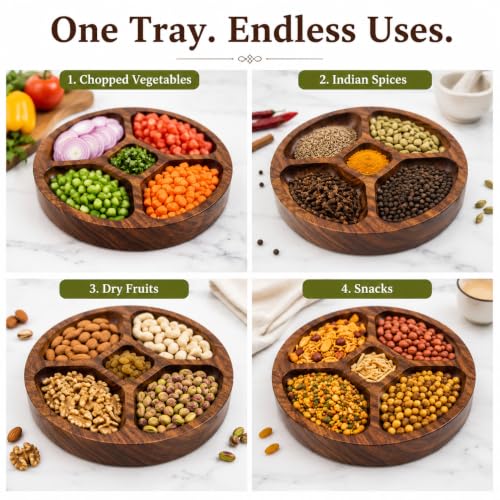 Image of Wooden Kitchen Preparation Tray | Wooden Vegetable & Masala Organizer | Chopping Prep Board with 5 Compartments | Dry Fruit, Snack & Spice Serving Tray | 10 Inch (Preparation Tray)