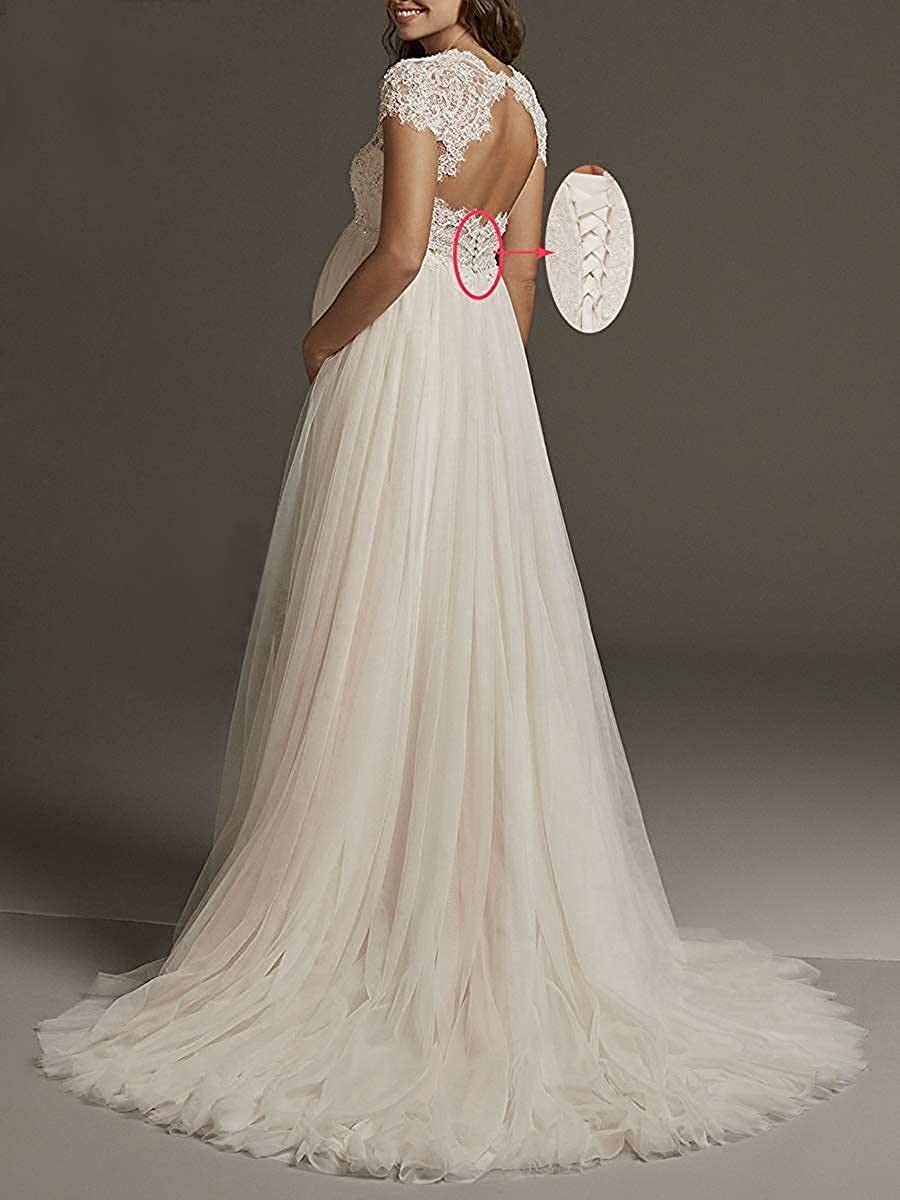 Robe de mariée de grossesse - Col en V - Dentelle - Grandes tailles avec traîne