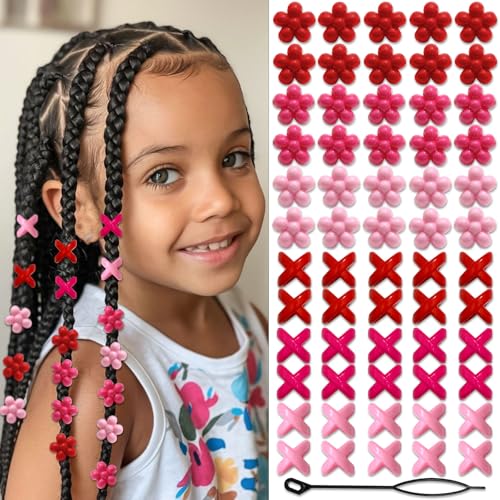 Image of NAISKA 60PCS Pink Hair Beads for Braids Hot Pink Bead Loc Dreadlock Jewelry Multi-style Large Hole Beads Cute Flower Hair Accessories for Kids Girls