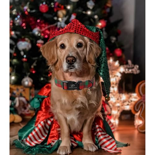 Image of Christmas Dog Collar, Red and Green Plaid Adjustable Pet Collar with Snowflake Charm, Holiday Dog Accessories for Small Medium Large Dogs