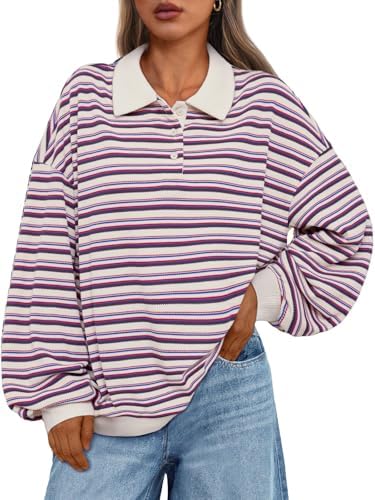 Trendy Queen Women's Oversized Striped Polo Sweatshirt