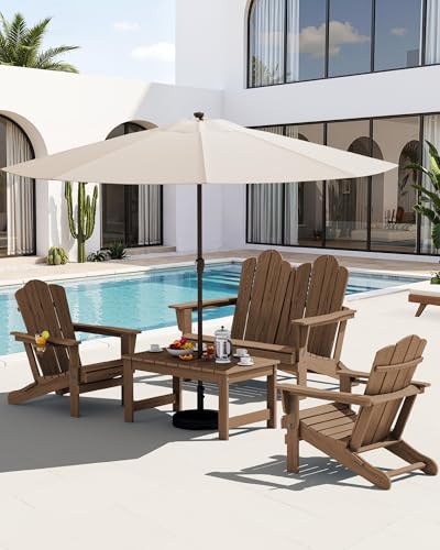 Image of SERWALL 4-Pc HDPE Adirondack Set, 2 Chairs, 1 Bench & 1 Coffee Table, Brown
