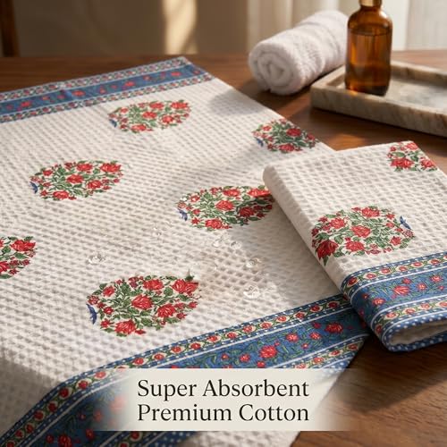 Image of Mafatlal Madhuban Bath & Hand Towel Set (1 Bath 147x76 cm + 2 Hand 76x38 cm) | 250 GSM | Hand Printed Floral Waffle Cotton | Oil Yellow
