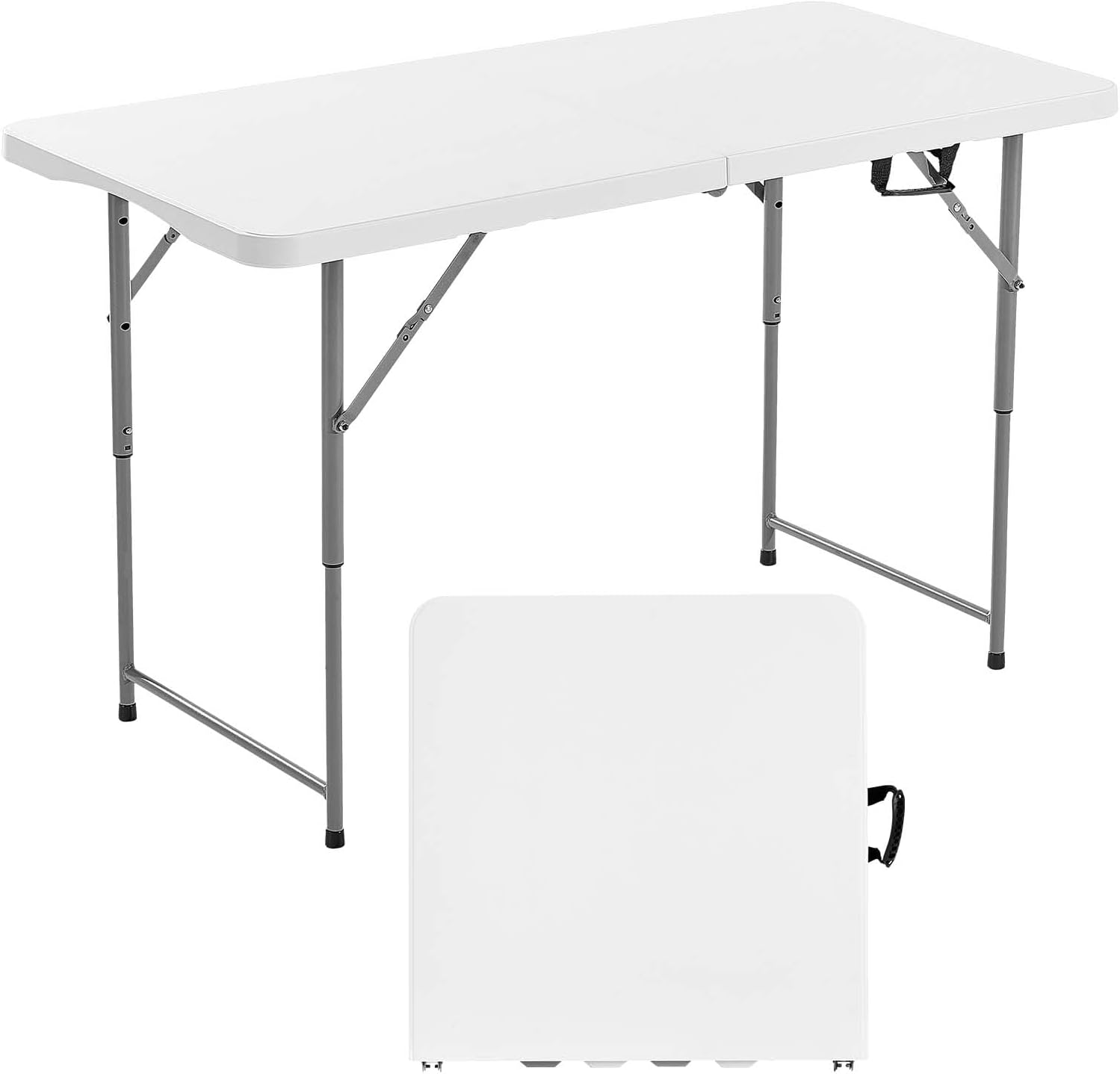 VEVOR Folding Table, Heavy Duty Portable Fold-in-Half Utility Table, Indoor Outdoor Plastic Rectangle Table with Built in Handle, for Party, Dining, Wedding, Events, Picnic, Camping, 4 ft, White