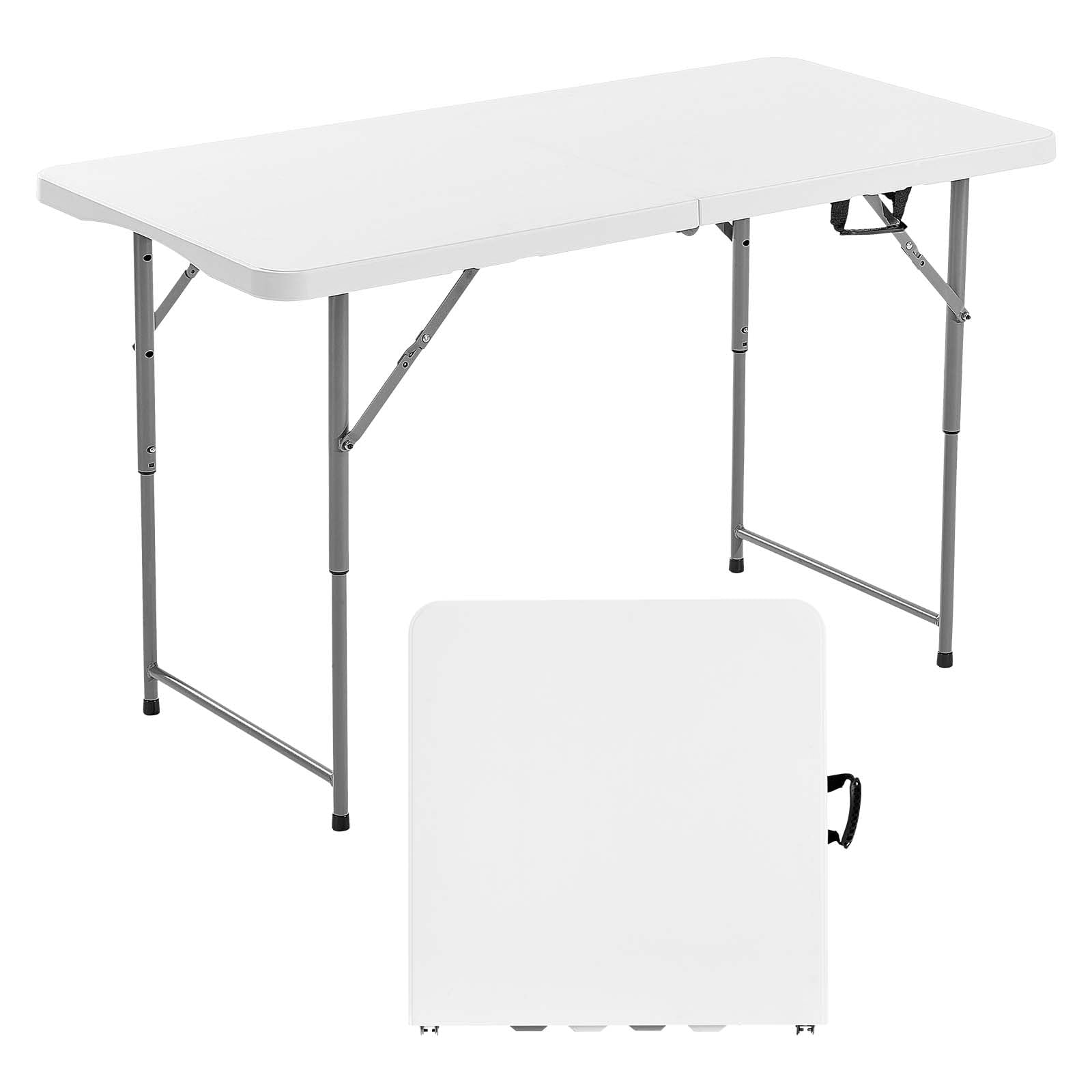 VEVOR Tavolo Pieghevole a Metà, Tavolo in Plastica Resistente Portatile e Rettangolare da 1220x600 mm, con Altezza Regolabile e Maniglia Integrata, per Feste, Cene, Picnic, Campeggio, Bianco