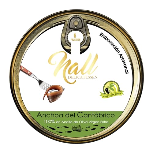 NALL DELICATESSEN Anchoas del Cantábrico XXL 000 | Elaboración Artesanal en 100% Aceite de Oliva Virgen Extra | 6 Filetes/lata (1 Lata)