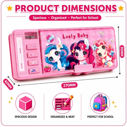 Image of Invite Multifunction Pencil Box for Girls with 2-Digit Password Lock, Built-in Sharpener & Calendar, Dual Sided Magnetic Geometry Compass Box with Pop-up Buttons, School Gift