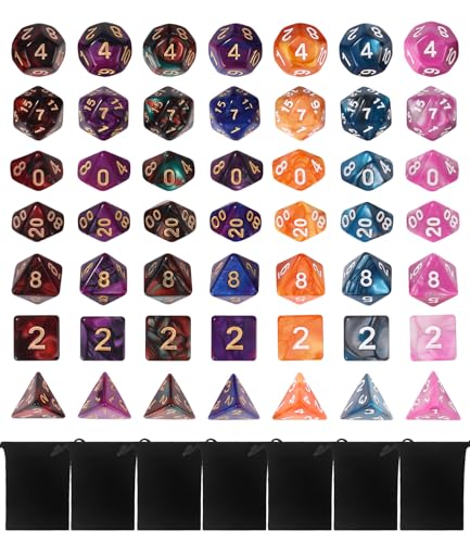 Hixava 49 Piezas Dados Poliedricos 7 Color Dados del Jueg Dados de rol Poliédrico Poliédricos Vistoso para Dungeons y Dragons DND RPG MTG Juegos de Mesa D20 D12 D10 D8 D6 D4