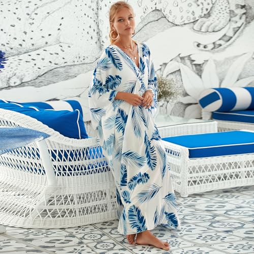 Image of Miss Lavish London Kaftan Dresses for Women Plus Size Long Batwing Sleeve Caftans, V Neck Moo Moo Printed Beach Cover Up Maxi Beach Dress, Bathing Suit Cover-Up Loungewear
