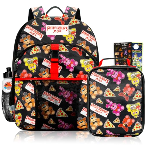 Five Nights at Freddys Backpack with Lunch Bag Set - Bundle with 16 FNAF Backpack FNAF Lunch Box Stickers Water Bottle | Five Nights at Freddys School Bag for Boys Kids