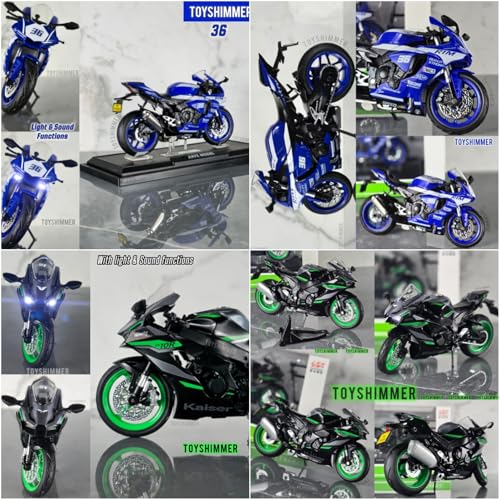 Image of Combo of 2 Diecast Motorcycles, Kawasaki ZX10 and Yamaha R1M, 1:12 Scale, Light and Sound, with Black Single-arm Lifting Frame Stand Parking Stand for Both Bike, for Ages 8-14 and Adults