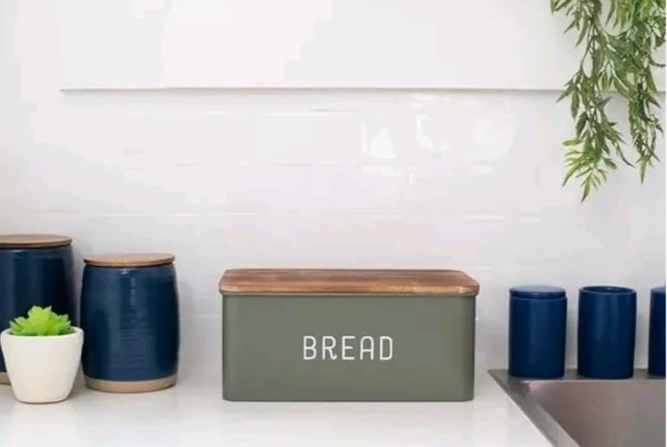 Image of Metal Bread Box Set | Airtight Bread Storange Box For Kitchen Bread Dispenser Food Grade Storage Box with Wooden Lid - 4 litre