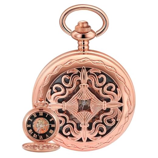 Alwesam Relógio de bolso mecânico masculino com design de algarismos romanos em ouro rosa com corrente retrô mecânica, corda manual, relógio antigo masculino