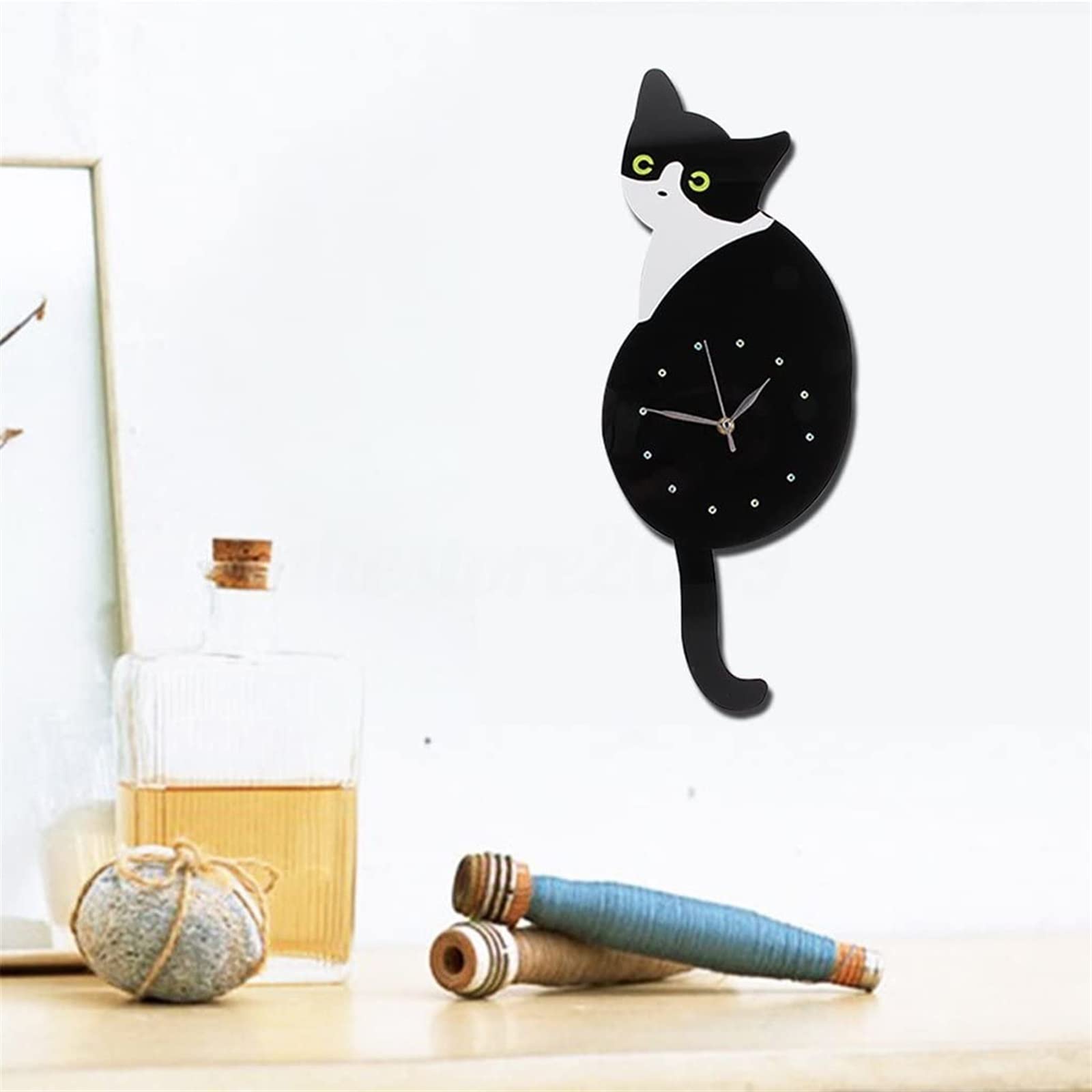 Reloj de Pared Gato con Cola oscilante y Ojos - acrílico Cuarzo péndulo para decoración única del hogar
