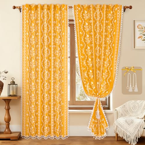 Image of Yinhua Boho Curtains for Living Room 63 Inch Length Vintage Linen Yellow Curtains for Bedroom Light Filtering Floral Window Curtain Rod Pocket & Back Tabs Farmhouse Rustic Tassel Drapes with Tiebacks