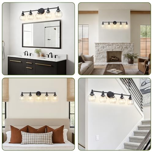 Image of 5-Light Bathroom Light Fixture Black Vanity Lights Over Mirror Modern Wall Sconce Farmhouse Vintage Bathroom Vanity Lighting with Glass Shade for Bedroom Hallway Cabinet Bathroom
