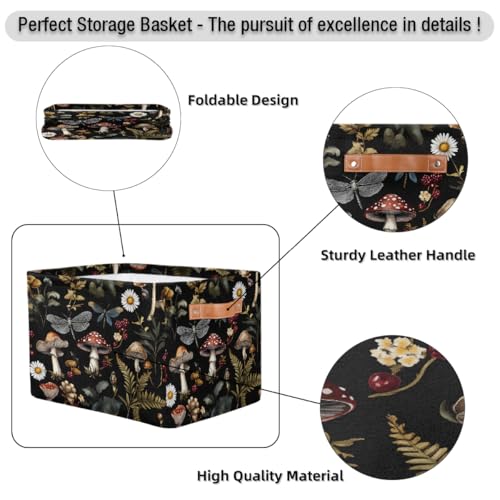 Image of Mushrooms Daisies Storage Baskets for Organizing, Fabric Collapsible Storage Bins Box Forest Plants Decorative Toy Organizer Baskets for Closet Shelves Gift Basket 2Pcs