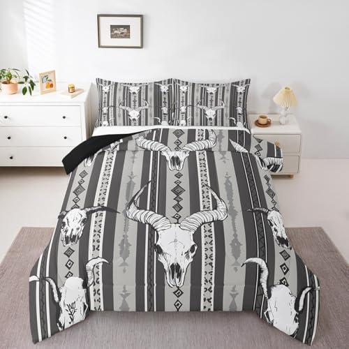 Western Boho Bedding Sets Queen Bull Skull Cowboy Quilt Set
