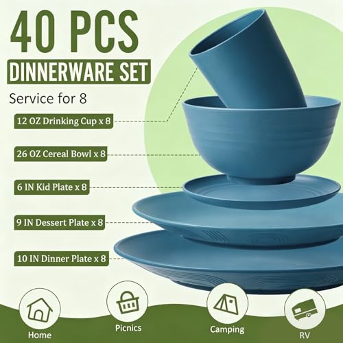 Image of 40-Piece Wheat Straw Dinnerware Sets,Unbreakable Dishes Set for 8 - Drinking Cups, Plates and Bowls Sets, Reusable Microwave Safe Dinnerware Set for Home, Outdooor, RVs - Blue