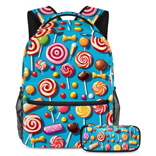 Sac à dos avec trousse à crayons bleu motif bonbons pour l'école