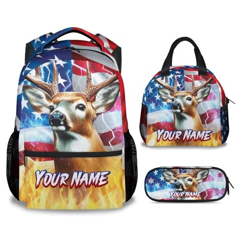 Backpack with Lunch Box - 3 in 1 Custom Cool Deer Bookbag for School, Travel - Personalized 17 Inch School Bag Set for Kids
