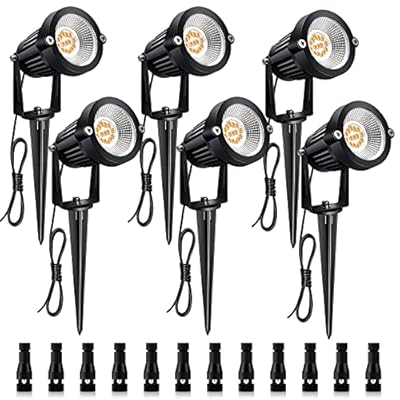 Mutois 7W Low Voltage LED Landscape Lights with Connectors Outdoor 12V Super Warm White (900LM) Waterproof Garden Pathway Lights Wall Tree Flag Spotlights with Spike Stand (6 Pack with Connector)
