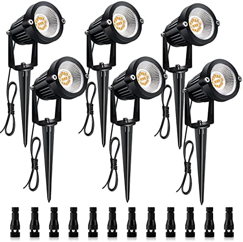 Mutois 7W Low Voltage LED Landscape Lights with Connectors Outdoor 12V Super Warm White (900LM) Waterproof Garden Pathway Lights Wall Tree Flag Spotlights with Spike Stand (6 Pack with Connector)