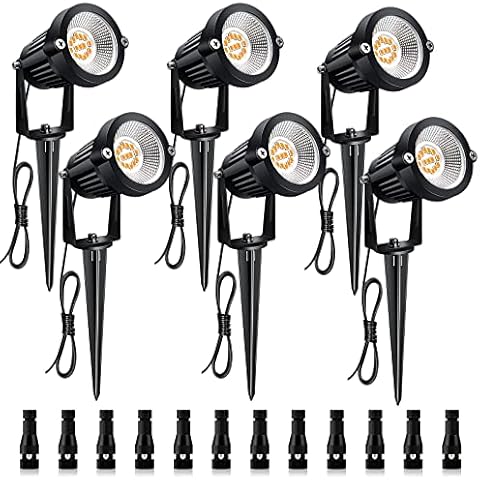 Mutois 7W Low Voltage LED Landscape Lights with Connectors Outdoor 12V Super Warm White (900LM) Waterproof Garden Pathway Lights Wall Tree Flag Spotlights with Spike Stand (6 Pack with Connector) Cover