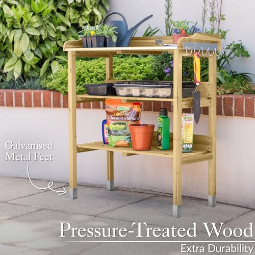 Christow Wooden Potting Table With Storage, Outdoor Garden Work Bench Station, Aluminium Worktop, 2 Shelves, 5 Galvanised Metal S-Hooks, Gardening Greenhouse Workstation, H89cm x W76.5cm x D37cmv - Image 4