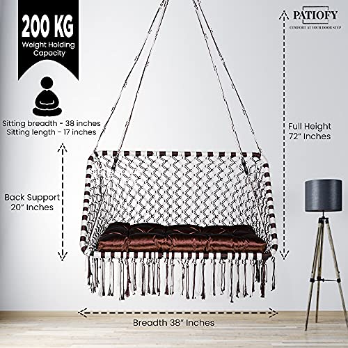 Image of Patiofy Premium Large Double Seater Swing Chair /Hanging Hammock Swing Chair for 2 People /Jhula for Adults & Kids / 2 Seater Swing for Balcony, Free Hanging Kit & Cushion Included-White-Brown