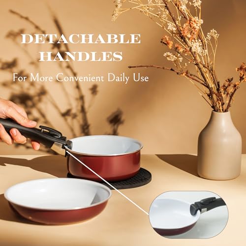 Image of Moss & Stone Aluminum Pots And Pans Set Nonstick, Removable Handle Cookware, Stackable Pots And Pans Set, Dishwasher safe, Induction Pots And Pans, Camping Cookware Set (5 Pcs Burgandy)